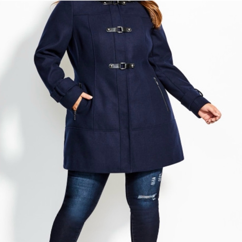 City Chic Navy Trench Coat with Toggle Closures